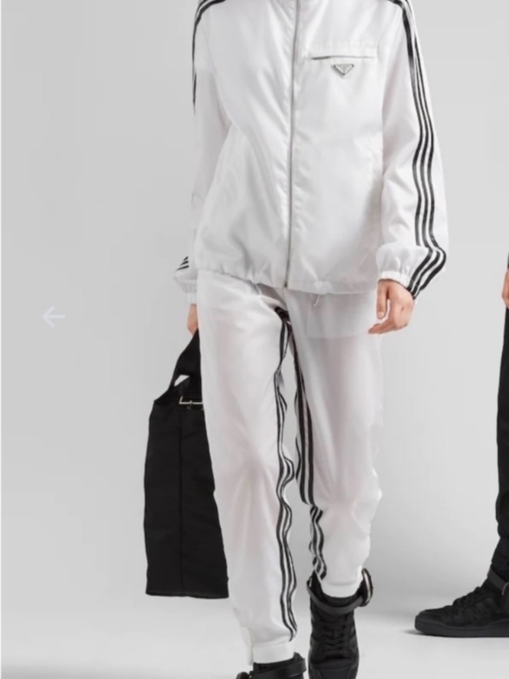 Prada White Track Pants with Black Leather Stripe Trim